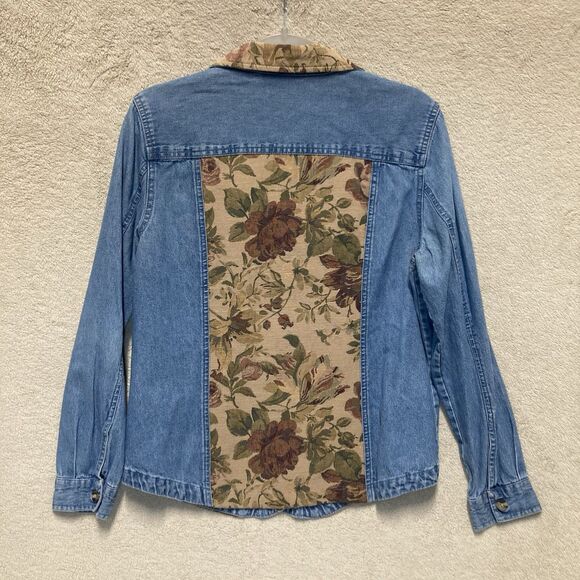 Vintage Lemon Grass Floral Upholstery Panel Button Long Sleeve Denim Jacket - Picture 2 of 5